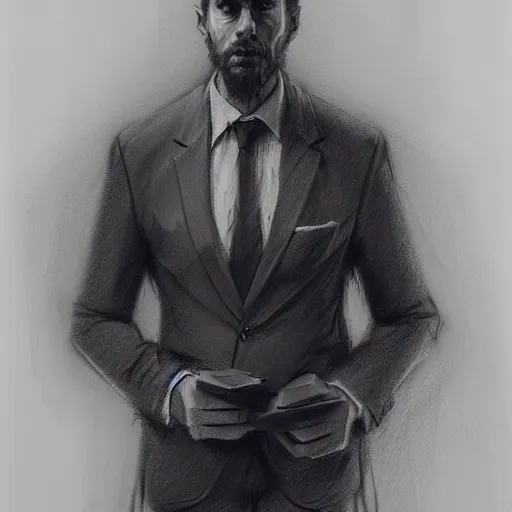 Prompt: charcoal drawing portrait of a man in suit by darek zabrocki and greg ruthkowski, rembrandt and raphael, simon stalenhag and cinematic and atmospheric, concept art, artstation, trending on artstation