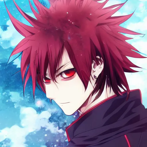 Image similar to anime art, anime key visual of handsome young male, spiky red hair and large silver eyes, directed gaze, high quality artwork, portrait, drawn by tsunako.