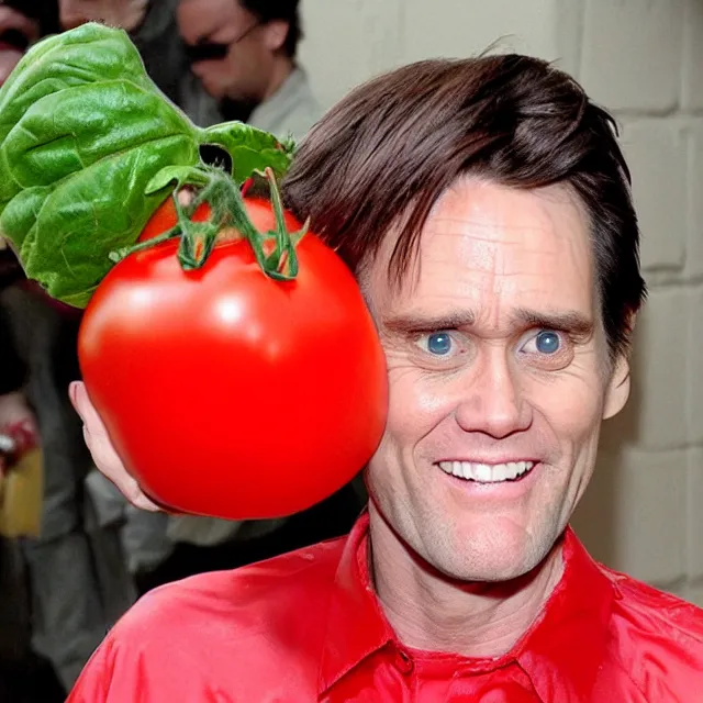 Image similar to jim carrey in a tomato costume