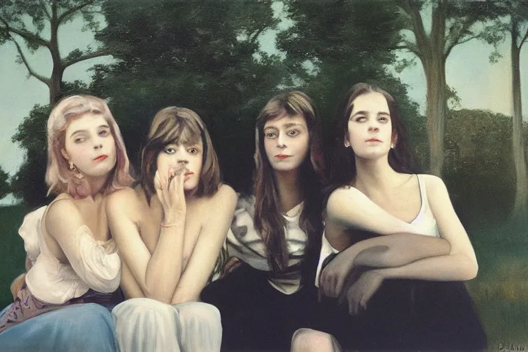Image similar to beautiful painting of friends, beautiful faces, sitting on the edge, cute, soft light, by diane arbus