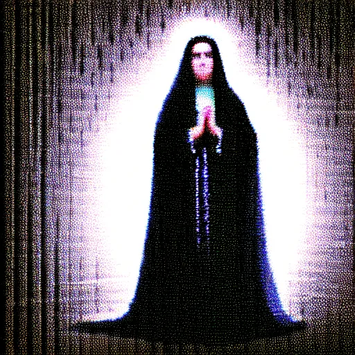 Image similar to vhs static overlay of marian apparition, vhs, 1 9 9 0, highly realistic, highly detailed, vhs noise static, black and white, vhs glitch