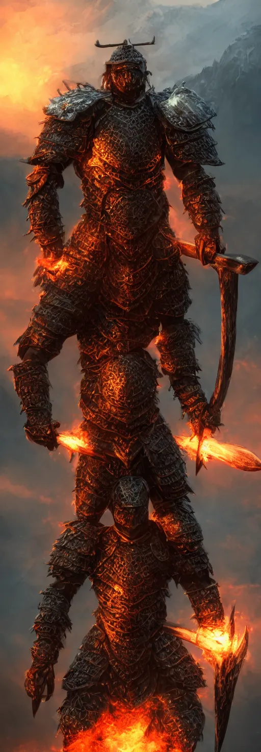 Prompt: portrait photo of a brutal melanated dark skin Warrior, wearing intricate nordic steel armour, holding a magical fiery battle-axe, sharp focus, highland landscape with few trees background, magical aura, heroic pose, fantasy style, octane render, volumetric lighting, 8k high definition, highly detailed, trending on ArtStation, centred