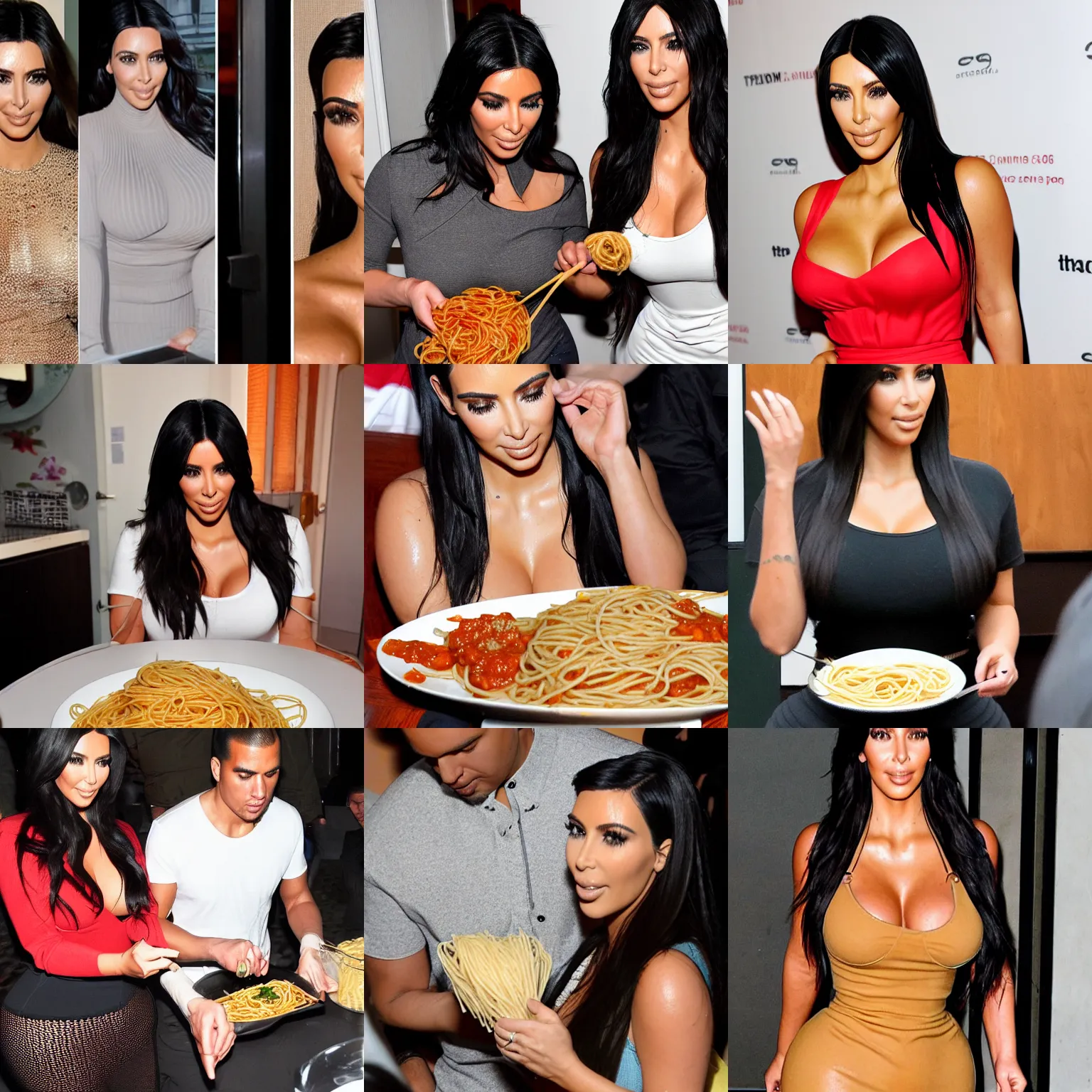 Prompt: Kim Kardashian is eating spaghetti