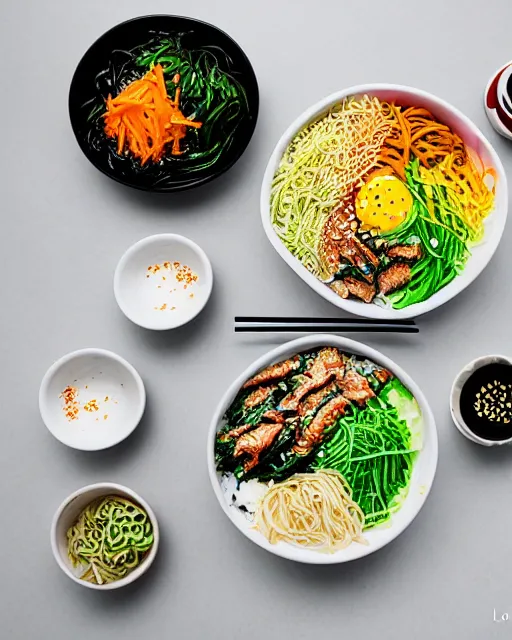 Image similar to realistic photo of delicious bimbimbap, bowl, white kitchen table, marble, highly detailed, by louise lister, sara ali, mary devinat, kailee mandel, masterpiece, award winning, food photography