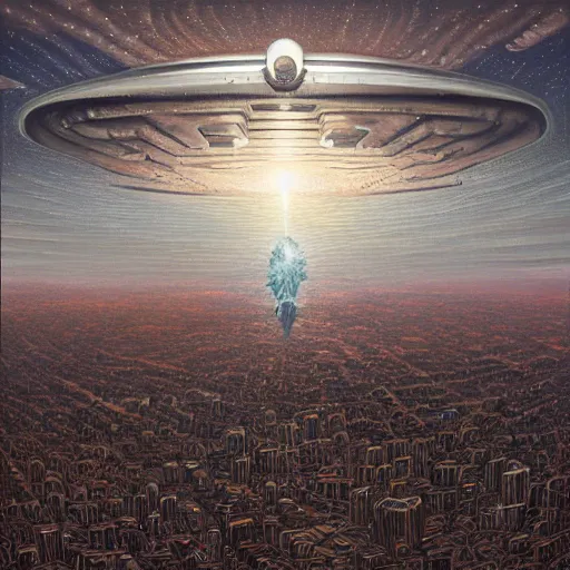 Prompt: prompt : big alien spaceship shaped like cloud hanging above city by jeffrey smith, oil on canvas