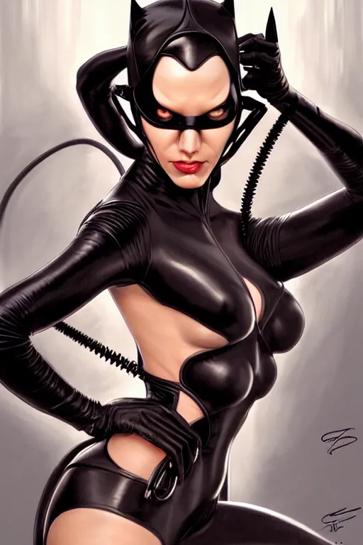 Prompt: catwoman, realistic portrait, symmetrical, highly detailed, digital painting, artstation, concept art, smooth, sharp focus, illustration, cinematic lighting, art by artgerm and greg rutkowski and alphonse mucha