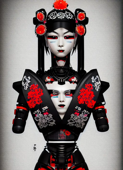 Image similar to full body portrait of a gothic japanese robot geisha with kanji tattoos and decals wearing a digital pixelated kimono, intricate design, photorealistic, octane render, raytraced, ultra fine detailed, character design, trending on artstation