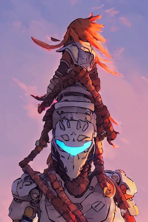 Image similar to combination suit armor aloy horizon forbidden west horizon zero dawn robot ninja mask helmet backpack tribal, art gta 5 comics, official fanart behance hd artstation by jesper ejsing, by rhads, makoto shinkai and lois van baarle, ilya kuvshinov, ossdraws radiating a glowing aura cgi rtx 2 0 2 2