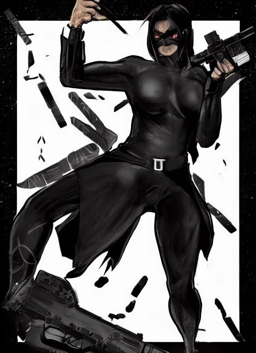 Image similar to concept art of a comic book character wearing a full body black spandex with white eyes, and drawn sharp teeth on the jaw. wearing a black leather jacket. holding a glock. hd. artstation. digital painting.