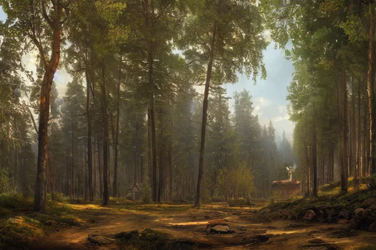 Image similar to A beautiful painting of russian village in dark forest by ivan shishkin and arkhip kuindji, trending on artstation,matte painting