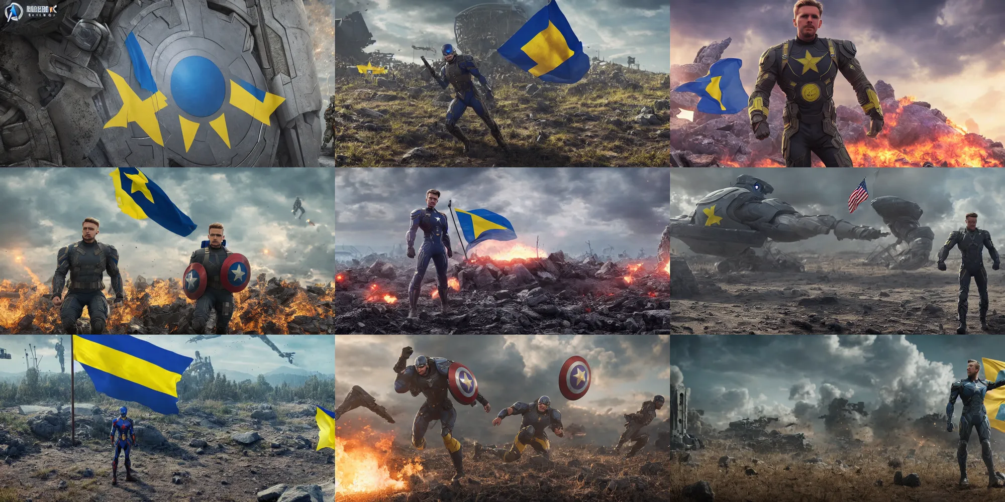 Prompt: an octane render of super soldier with Ukrainian flag at the battle field of avengers endgame, cinematic, high resolution film render 100k, photo realistic