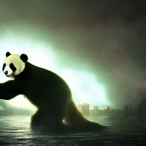 Prompt: giant panda destroying tokyo in the style of the movie godzilla, cinematic lighting framing and shadows