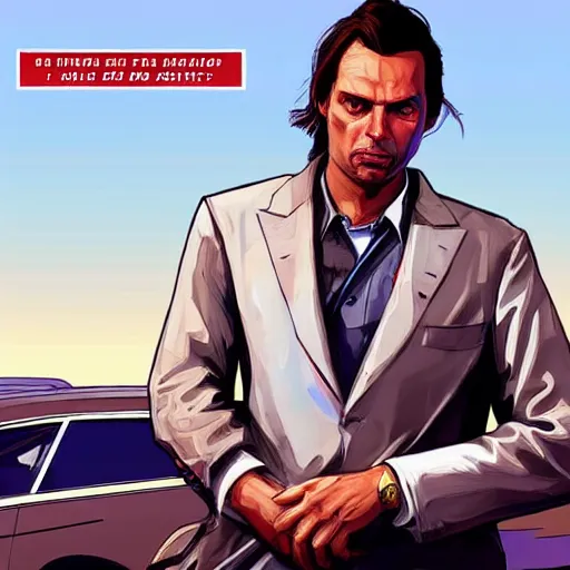 Image similar to Thierry Baudet in GTA V, cover art by Stephen Bliss, artstation, no text