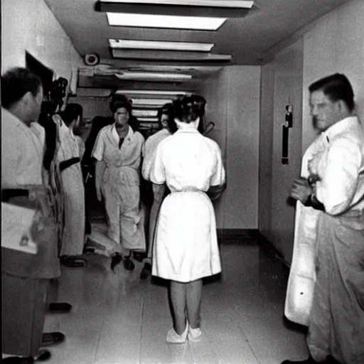 Image similar to photographs found from a lost hard drive that show horrifying images of special cases in a hospital, 1 9 5 8, extremely grainy, eerie