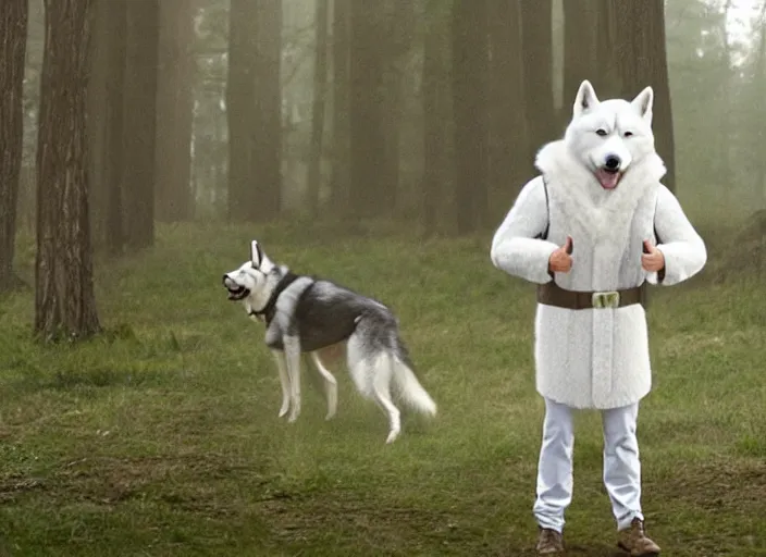 Image similar to film still of an anthropomorphic standing upright man dog white vested husky!!!!!! in a white vest wearing a white vest!!!!! in the new sci - fi movie, 8 k