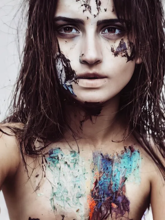 Prompt: hyperdetailed photo of a beautiful italian girl, brown eyes, dark hair, painting on face, skin, winds of winter, with plain ripped crop t - shirt, fine - face, pretty face