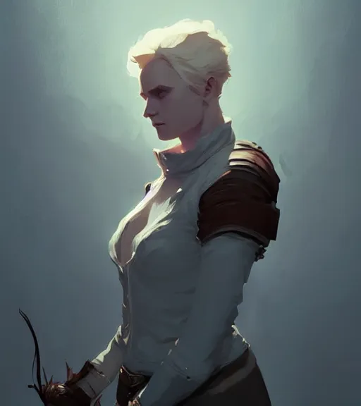 Image similar to portrait of cullen from dragon age with a beautiful woman he loves by atey ghailan, by greg rutkowski, by greg tocchini, by james gilleard, by joe fenton, by kaethe butcher, dynamic lighting, gradient light blue, brown, blonde cream and white color scheme, grunge aesthetic