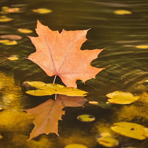 Image similar to close - up of a yellow maple leaf floating on top of a pond