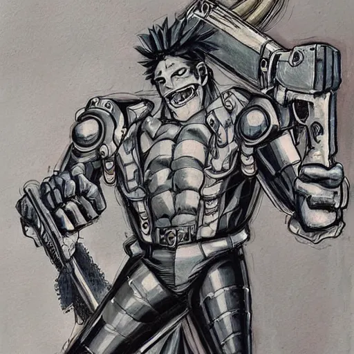 Image similar to a beautiful painting of a chainsawman with chainsaw arms posing for a picture on a city street by hirohiko araki, detailed line art, jojos bizarre adventure