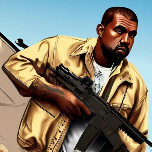 Image similar to Kanye West in GTA V, cover art by Stephen Bliss, artstation