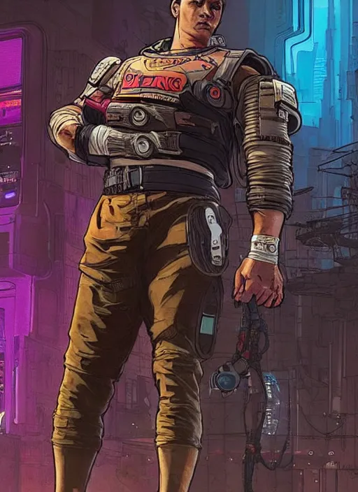 Image similar to hector. apex legends cyberpunk weight lifter. concept art by james gurney and mœbius. cinematic, dramatic lighting ( cyberpunk 2 0 7 7 ), clean aesthetic