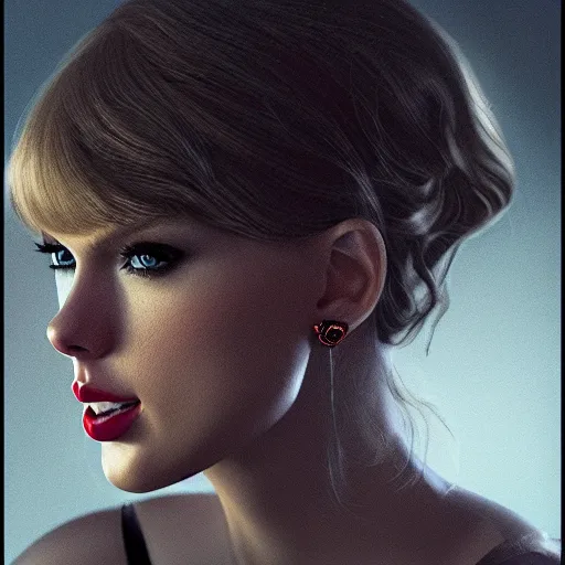 Prompt: a front - faced clear close - up studio portrait of taylor swift looking at 1 0 o'clock direction, dramatic cinematic lighting, trending on artstation, fine details, 8 k, highly detailed, beautifully composed