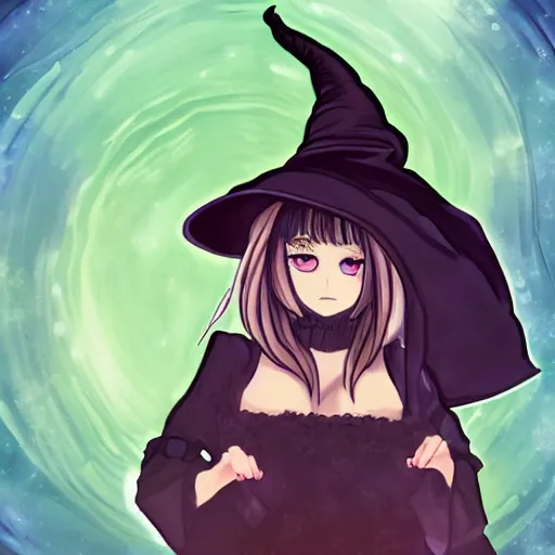 Prompt: a drawing of a pretty woman in a very large oversized witch hat, anime styled, high definition