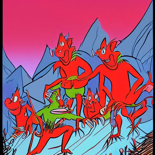 Prompt: Professional art, a stunning illustration of red goblins on a mountainside illustrated by Dr Suess