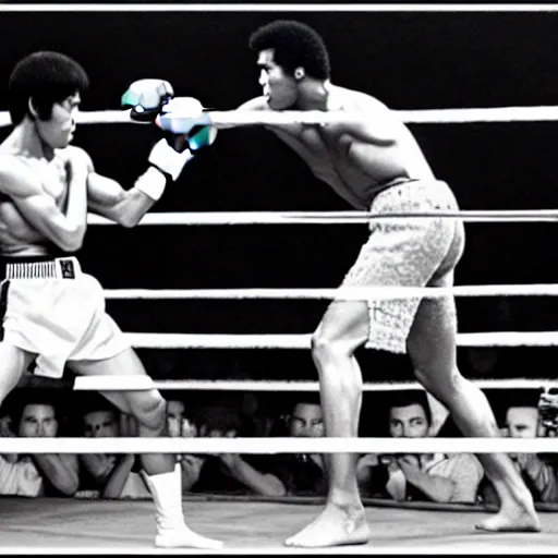 Image similar to bruce lee vs muhammad ali, arena fight, boxing ring