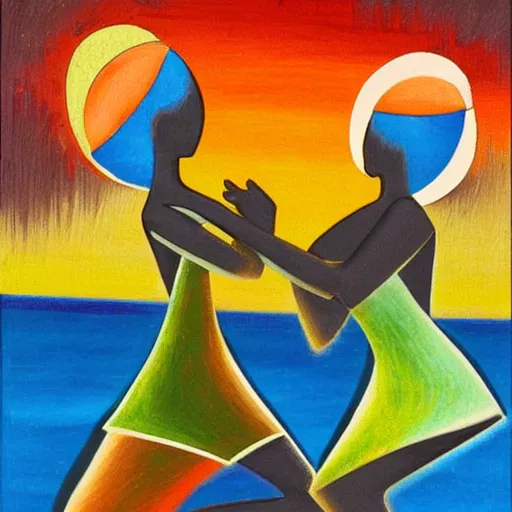 Prompt: two African Women in the moonlight dancing by the ocean as the waves roll by , high quality art in the style of cubism and georgia o’keefe,