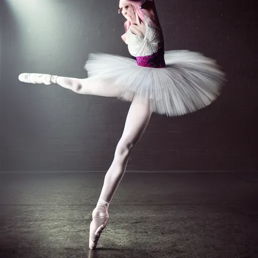 Image similar to full body pose, hyperrealistic photograph of female punk ballerina, dim volumetric lighting, 8 k, octane beautifully detailed render, extremely hyper detailed, intricate, epic composition, cinematic lighting, masterpiece, trending on artstation, very very detailed, stunning, hdr, smooth, sharp focus, high resolution, award, winning photo, dslr, 5 0 mm