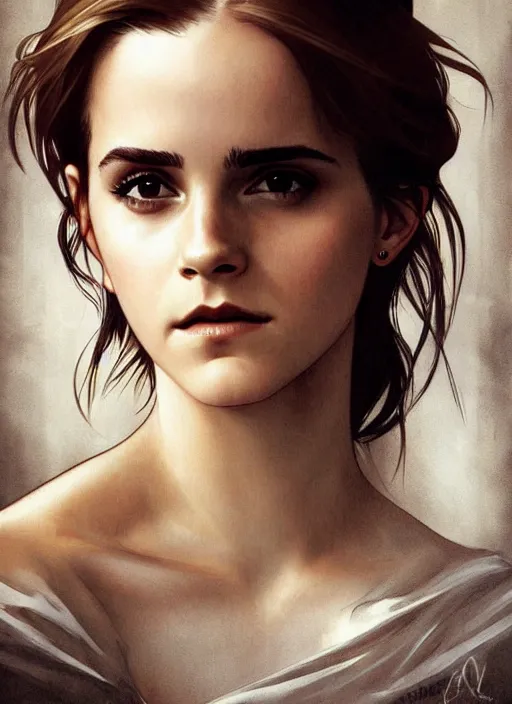 Image similar to emma watson giving seductive look. beautiful detailed face. by artgerm and greg rutkowski and alphonse mucha