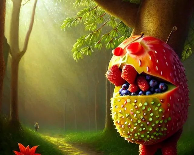 Image similar to a fruit monster made of different fruit, 3 7 1, walking around in forest, detailed mouth, detailed eyes, forest background, trees and flowers, trees in foreground, rays of golden sunlight, oil painting, highly detailed, dramatic lighting, hyperrealistic, smooth, artstation, cgsociety, by artgerm, by wlop