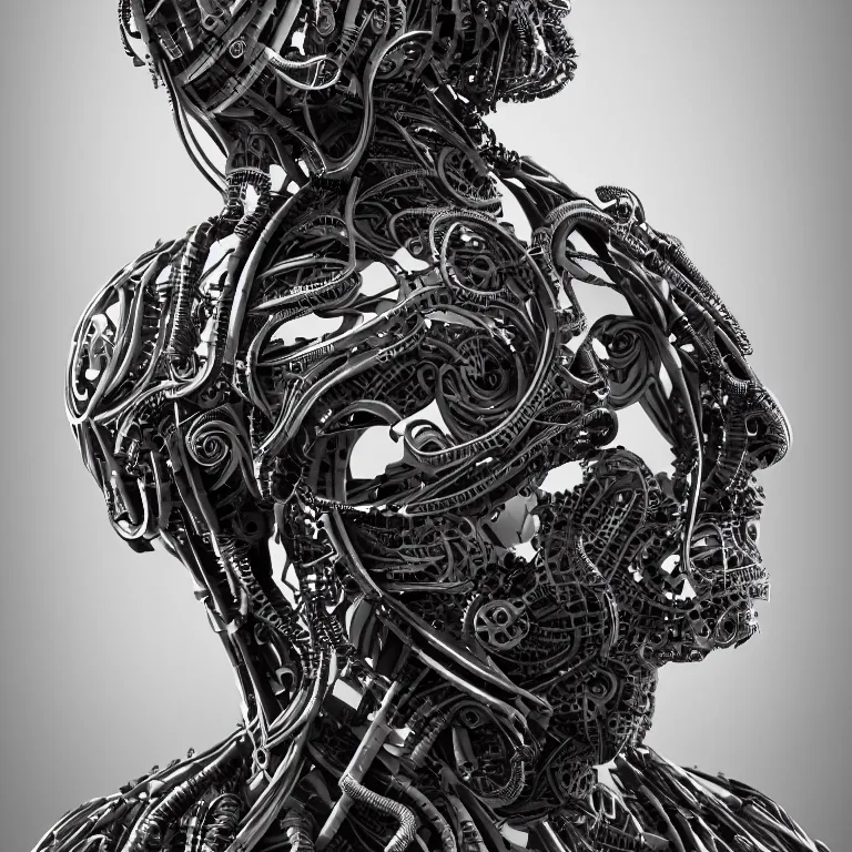 Image similar to surreal biomechanical spinal ribbed tribal exotic organic face portrait of mechanical cyborg, beautiful detailed intricate insanely detailed BW 3D render digital art, octane render, 8K artistic photography, photorealistic