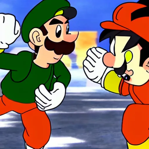 Image similar to luigi versus son goku, both have an epic battle, cinematic