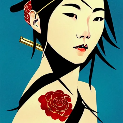 Image similar to portrait of japanese woman :: side profile :: in ocean :: guns metallic details :: gold :: blood and roses :: by MARVEL comics and Sandra Chevrier