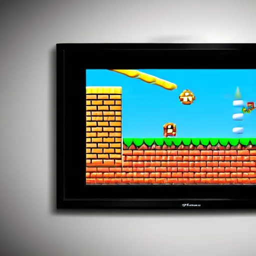 Prompt: super mario climbing out of a television screen