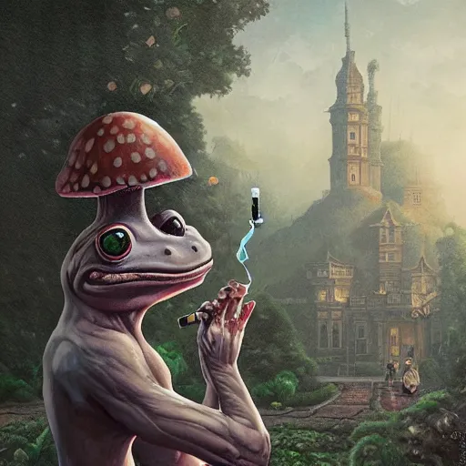 Image similar to A portrait of a scary godlike anthropomorphic frog smoking a cigarette , mansion made of mushrooms in background . award winning. superb resolution. in the art style of junji Ito and greg rutkowski . Detailed Mushroom city in background. Hyper realistic anime. Perfect art. Dalle2