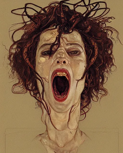 Image similar to portrait of screaming medusa by greg rutkowski in the style of egon schiele