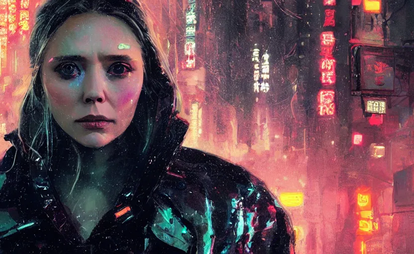 Prompt: detailed film still of portrait neon operator elizabeth olsen in the movie blade runner, messy ponytail, cyberpunk futuristic, neon, reflective puffy coat, decorated with traditional japanese by ismail inceoglu dragan bibin hans thoma greg rutkowski alexandros pyromallis nekro, illustrated, perfect face, fine details, realistic shaded, fine - face, pretty face