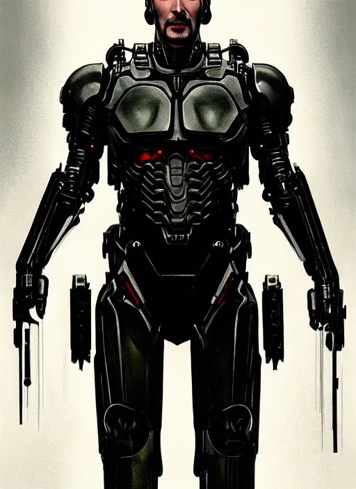 Image similar to keanu reeves as victor stone, full body concept, cyborg, borg, strogg, face of a man, terminator, flesh, quake strogg, doom demon, wolfenstein, monstrous, powerful, symmetry, symmetrical, concept art by ruan jia and greg rutkowski