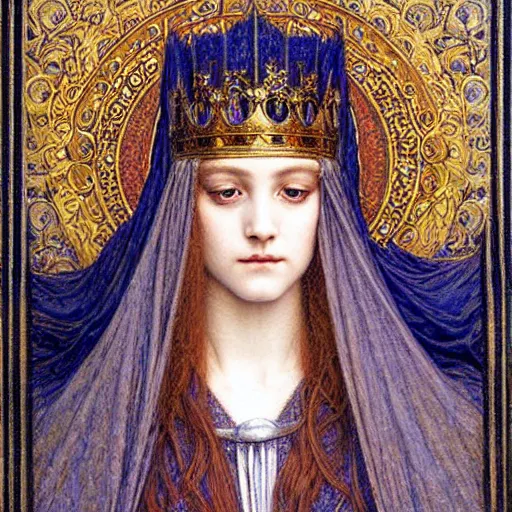 Image similar to detailed realistic beautiful young medieval queen portrait by jean delville, art nouveau, symbolist, visionary, gothic