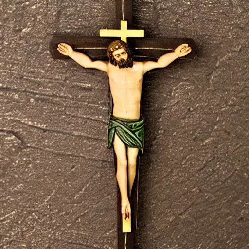 Image similar to Jesus crucified on a palm, photorealiatic,