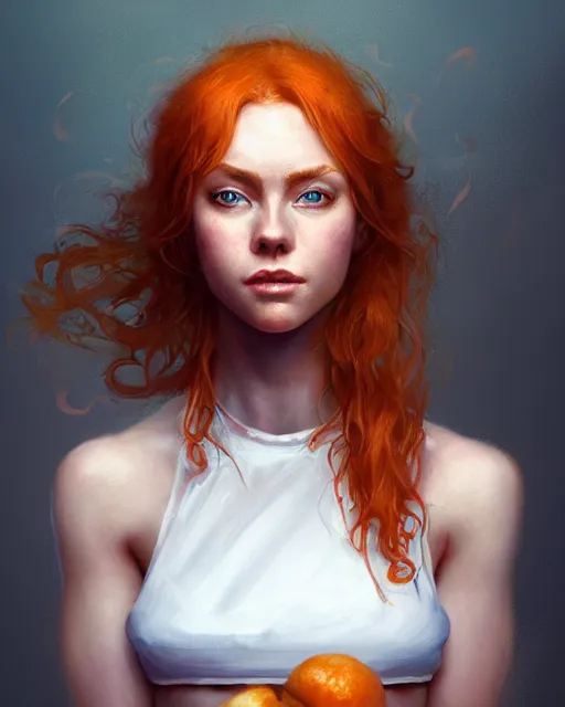 Prompt: cute female chef, perfect face, white halter top, ginger hair, abs, cinematic, stunning, elegant, highly detailed, psychedelic, digital painting, artstation, smooth, hard focus, illustration, art by jessica rossier and and brian froud