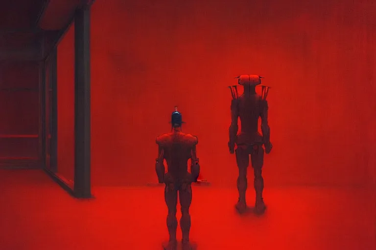 Image similar to only with red, a red cyborg samurai, tokio futuristic in background, some evil yokai, in the style of beksinski, parts by edward hopper, parts by rodcenko, parts by yue minjun, intricate and epic composition, red by caravaggio, insanely quality, highly detailed, masterpiece, red light, artstation, 4 k