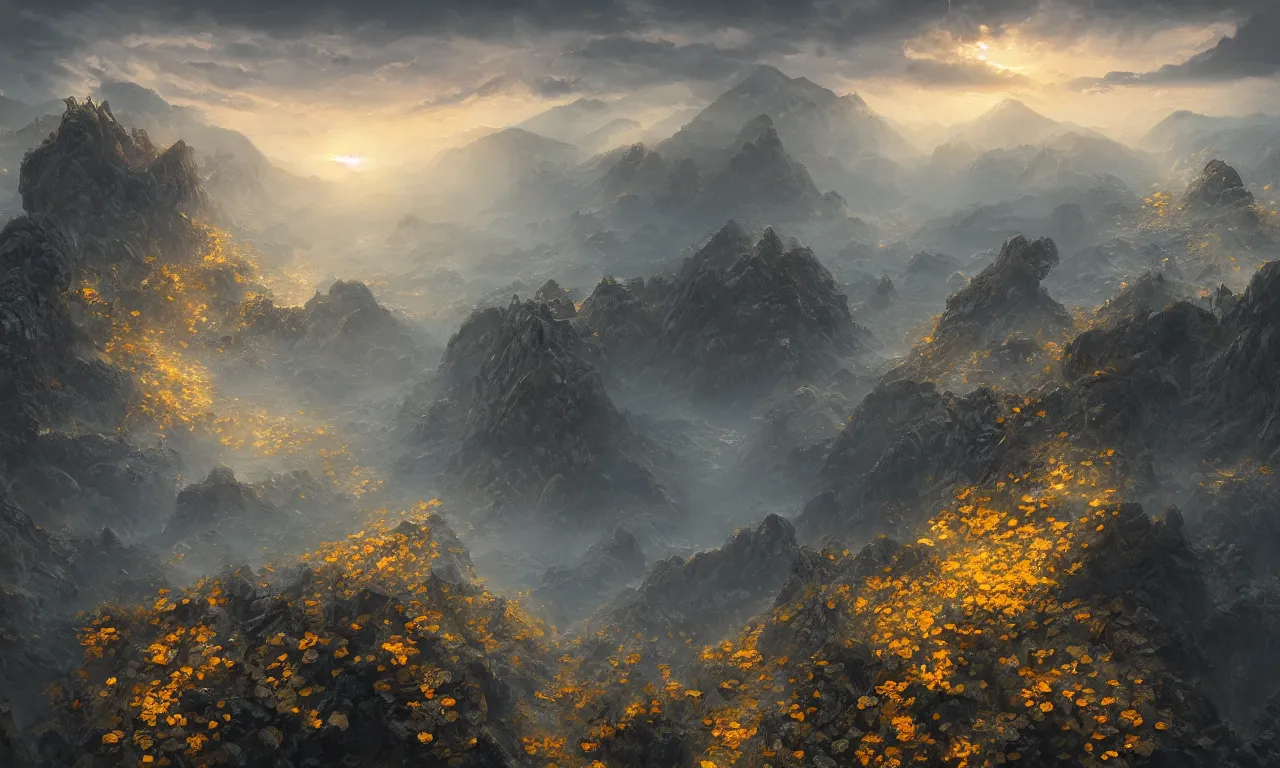 Image similar to breathtaking detailed digital painting of an aerial view of luxurious nature, mountains rocks at dawn with intricate ribbons and golden petals flying, with moody dark tumultuous clouds, by dao trong le, artstation, concept art, matte, 8 k,