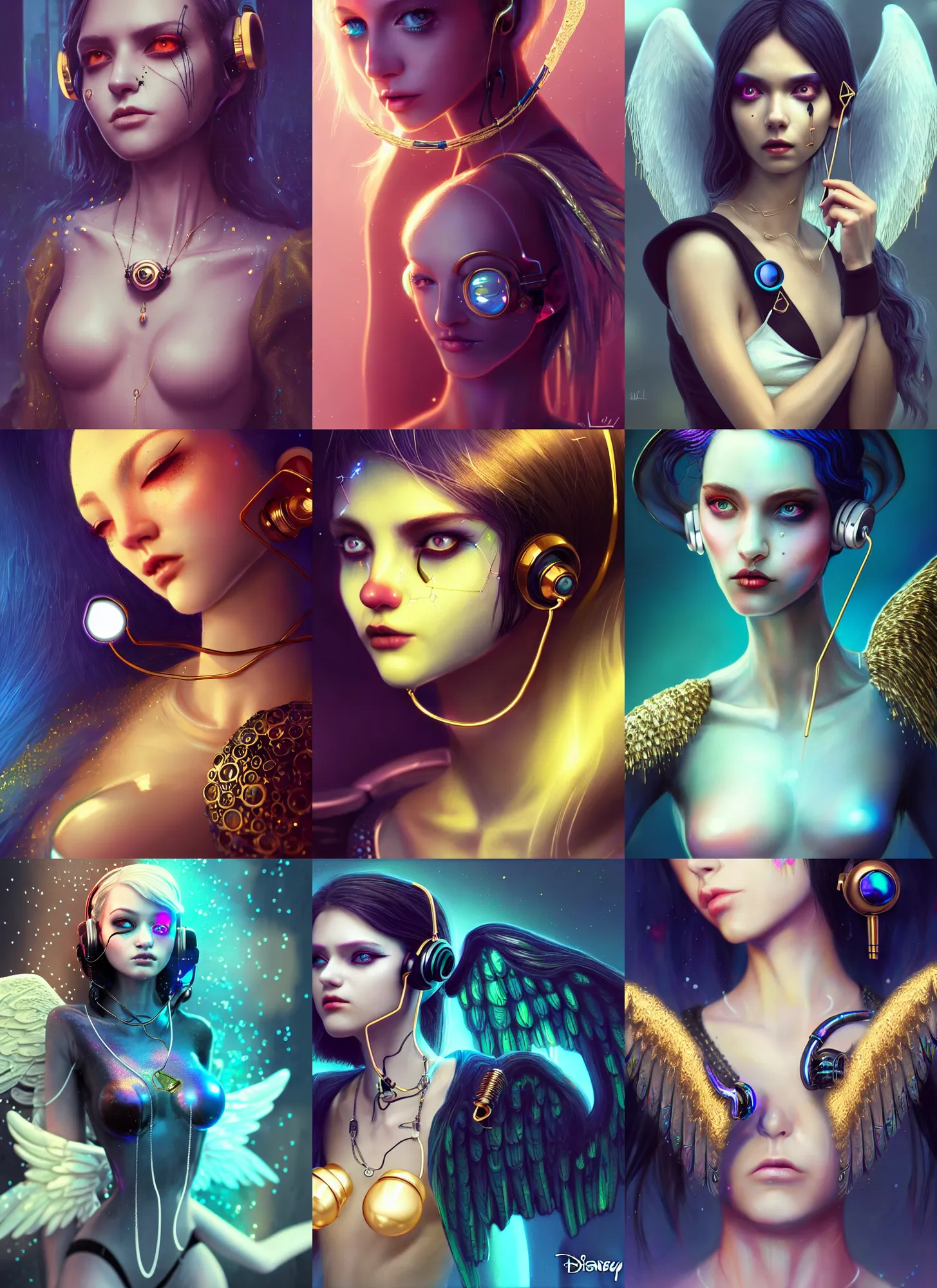 Prompt: disney 8 k photo, beautiful shiny porcelain obsidian rich grand iridescent emo edc angel clowncore cyborg college woman, earbuds jewelry, braless, golden ratio details, sci fi, fantasy, cyberpunk, intricate, decadent, highly detailed, digital painting, octane render, artstation, concept art, smooth, sharp focus, illustration, art by loish, wlop
