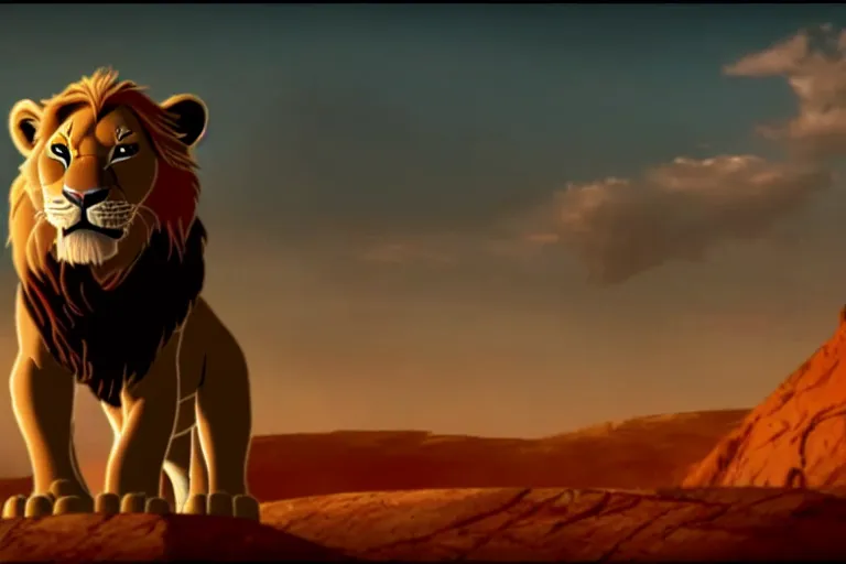 Prompt: simba ( from the lion king ), heavily armed and armored facing down armageddon in a dark and gritty version from the makers of mad max : fury road : witness me