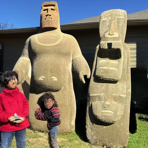 Image similar to a kid at christmas disappointed that his present was a giant moai statue