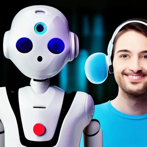 Prompt: photo a robot in a callcenter with a headset with a microphone on, background of humans, photo